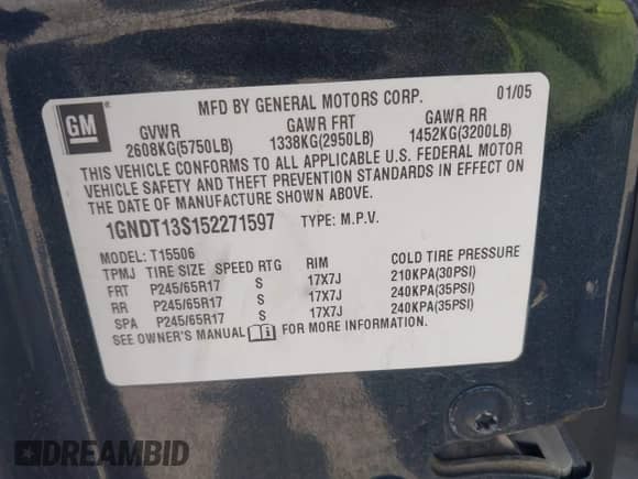 2005 Chevrolet TrailBlazer LS с VIN 1GNDT13S152271597, выставлен на аукционе IAAI как лот 43184555 с пробегом 127 575 миль миль и . История ставок и продаж доступна на DreamBid. Изображение 9.