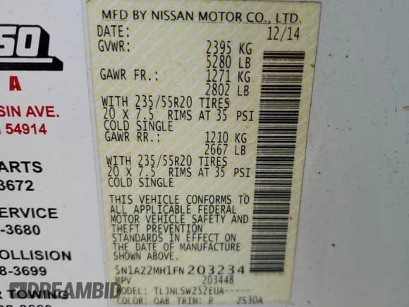 2015 Nissan Murano SL с VIN 5N1AZ2MH1FN203234, выставлен на аукционе Copart как лот 67438545 с пробегом 108 036 миль миль и На запчасти • Non repairable. История ставок и продаж доступна на DreamBid. Изображение 13.