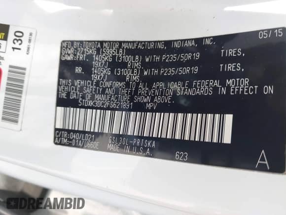 2015 Toyota Sienna SE with VIN 5TDXK3DC2FS621891, listed as a IAAI auction lot 42832318 with 110,420 mi miles and . Bid and sale history available at DreamBid. Image 9.