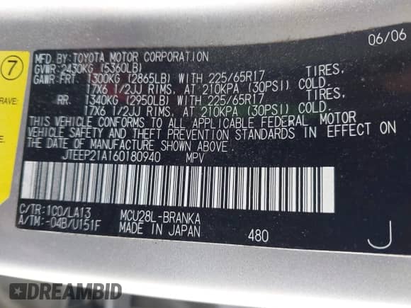 2006 Toyota Highlander w/3rd Row z VIN JTEEP21A160180940, wystawiony jako IAAI lot #43524565 z przebiegiem 206 999 mil mil oraz . Historia ofert i sprzedaży dostępna na DreamBid. Obrazek 9.