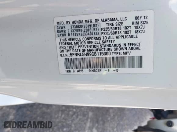 2012 Honda Odyssey Touring с VIN 5FNRL5H99CB115300, выставлен на аукционе IAAI как лот 42890660 с пробегом 120 808 миль миль и . История ставок и продаж доступна на DreamBid. Изображение 9.