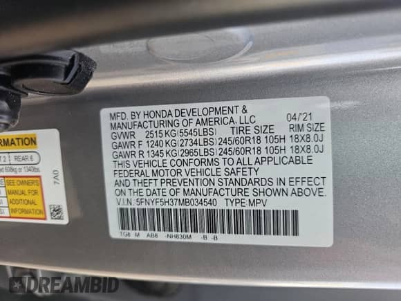 2021 Honda Pilot EX z VIN 5FNYF5H37MB034540, wystawiony jako Copart lot #82120835 z przebiegiem 11 881 mil mil oraz Szkoda całkowita • Salvage title. Historia ofert i sprzedaży dostępna na DreamBid. Obrazek 10.