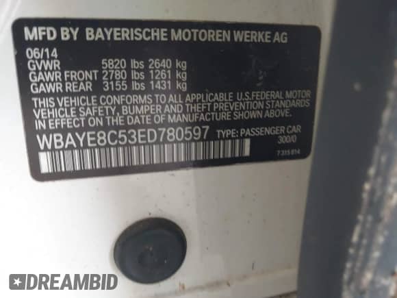 2014 BMW 7 Series ALPINA B7 with VIN WBAYE8C53ED780597, listed as a IAAI auction lot 43130128 with 98,724 mi miles and . Bid and sale history available at DreamBid. Image 9.