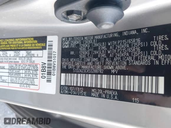 2005 Toyota Sienna CE with VIN 5TDZA23CX5S288782, listed as a IAAI auction lot 42991430 with 220,506 mi miles and . Bid and sale history available at DreamBid. Image 9.