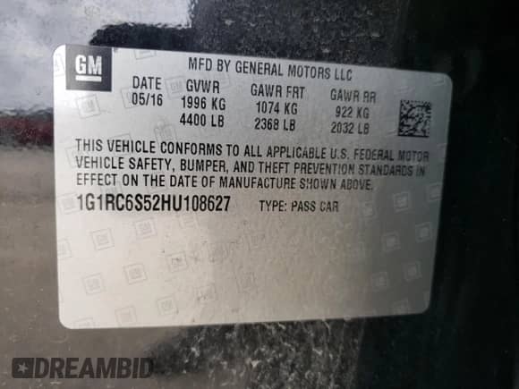 2017 Chevrolet Volt LT with VIN 1G1RC6S52HU108627, listed as a Copart auction lot 37017293 with 78,750 mi miles and . Bid and sale history available at DreamBid. Image 12.