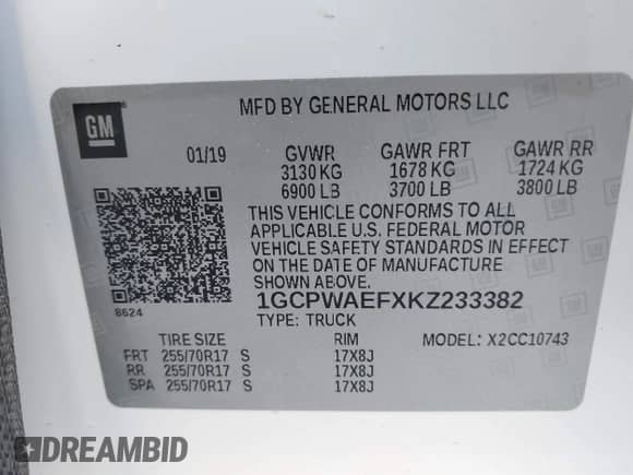 2019 Chevrolet Silverado 1500 Work Truck with VIN 1GCPWAEFXKZ233382, listed as a IAAI auction lot 42714179 with Not provided miles and . Bid and sale history available at DreamBid. Image 9.