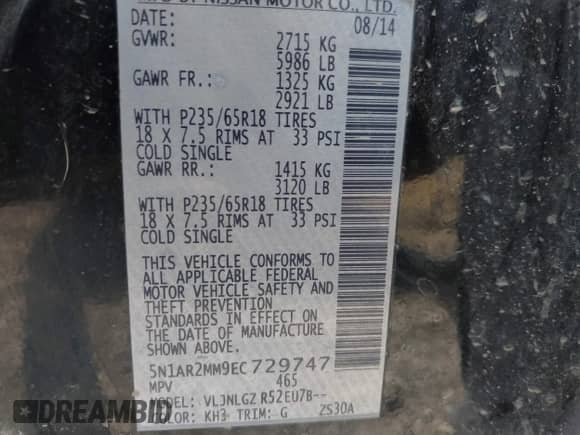 2014 Nissan Pathfinder SL with VIN 5N1AR2MM9EC729747, listed as a IAAI auction lot 42433221 with 172,685 mi miles and . Bid and sale history available at DreamBid. Image 9.