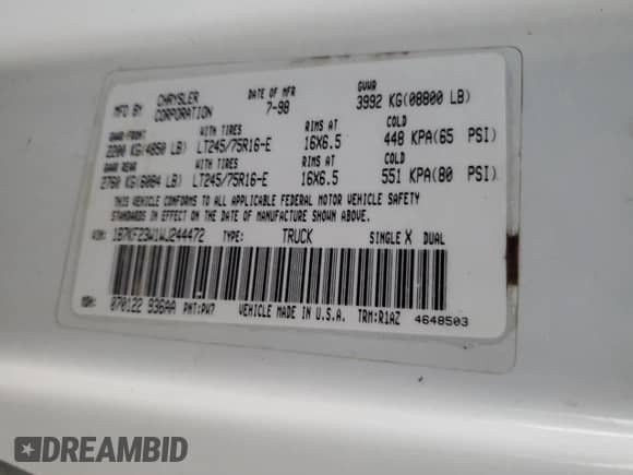 1998 Dodge 2500 z VIN 1B7KF23W1WJ244472, wystawiony jako Copart lot #47412345 z przebiegiem 186 135 mil mil oraz Szkoda całkowita • Salvage title. Historia ofert i sprzedaży dostępna na DreamBid. Obrazek 14.