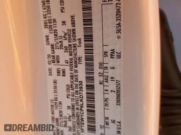 2020 Ford F-150 XL с VIN 1FTEW1CP6LKD73930, выставлен на аукционе Copart как лот 71695085 с пробегом 48 489 миль миль и Списание • Salvage title. История ставок и продаж доступна на DreamBid. Изображение 13.