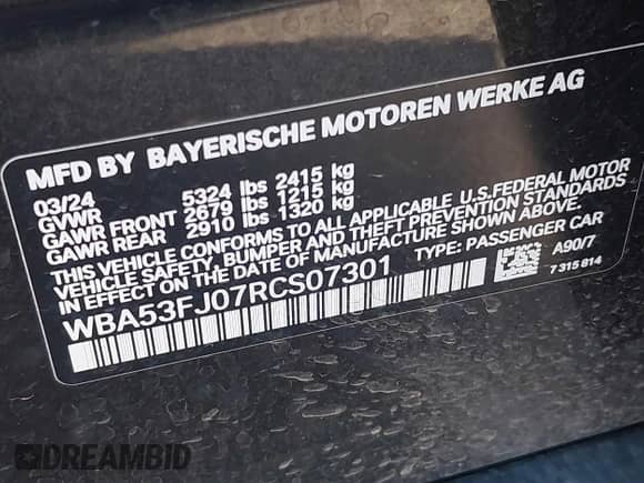 2024 BMW 5 Series 530i xDrive with VIN WBA53FJ07RCS07301, listed as a IAAI auction lot 42958965 with 25,559 mi miles and . Bid and sale history available at DreamBid. Image 9.