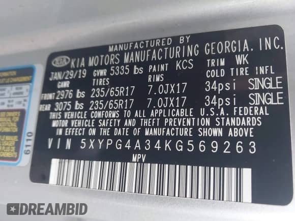 2019 Kia Sorento L with VIN 5XYPG4A34KG569263, listed as a IAAI auction lot 43390806 with 116,537 mi miles and . Bid and sale history available at DreamBid. Image 9.