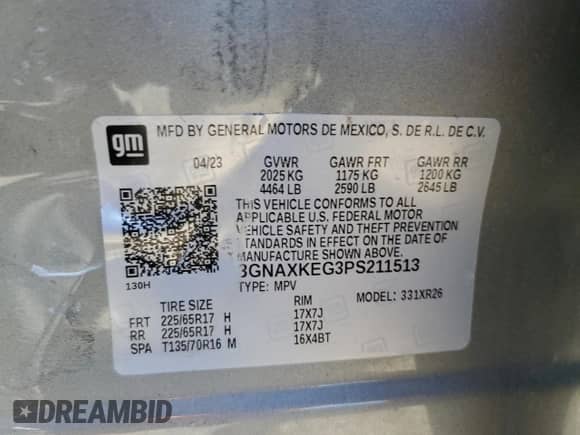 2023 Chevrolet Equinox LT с VIN 3GNAXKEG3PS211513, выставлен на аукционе Copart как лот 85742595 с пробегом 47 019 миль миль и Списание • Salvage title. История ставок и продаж доступна на DreamBid. Изображение 13.