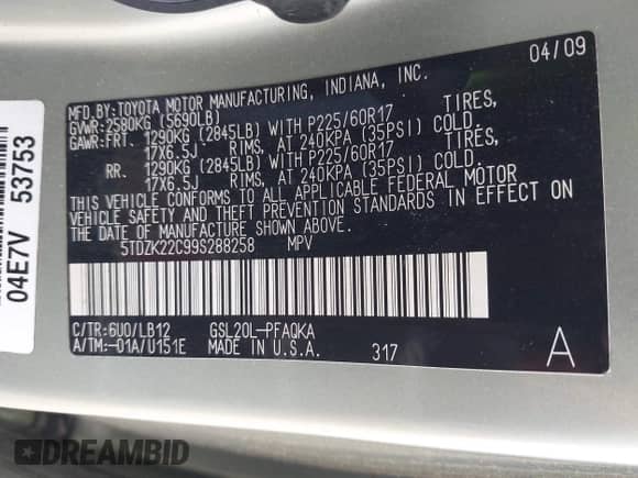 2009 Toyota Sienna XLE with VIN 5TDZK22C99S288258, listed as a IAAI auction lot 42965405 with 121,883 mi miles and . Bid and sale history available at DreamBid. Image 9.