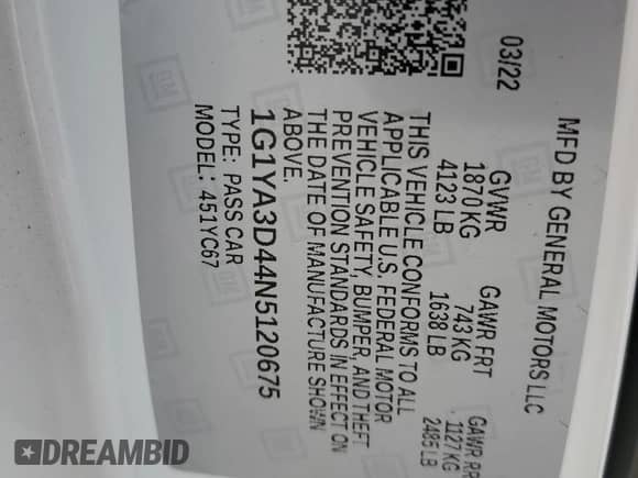 2022 Chevrolet Corvette 1LT с VIN 1G1YA3D44N5120675, выставлен на аукционе Copart как лот 84936964 с пробегом Не указан миль и Чистый • Clean title. История ставок и продаж доступна на DreamBid. Изображение 12.