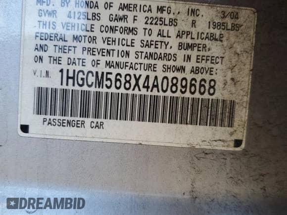 2004 Honda Accord EX with VIN 1HGCM568X4A089668, listed as a Copart auction lot 82346085 with 121,730 mi miles and Salvage title. Bid and sale history available at DreamBid. Image 13.