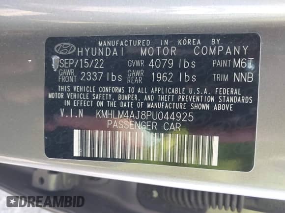 2023 Hyundai Elantra Blue with VIN KMHLM4AJ8PU044925, listed as a IAAI auction lot 43164954 with 141,748 mi miles and . Bid and sale history available at DreamBid. Image 9.