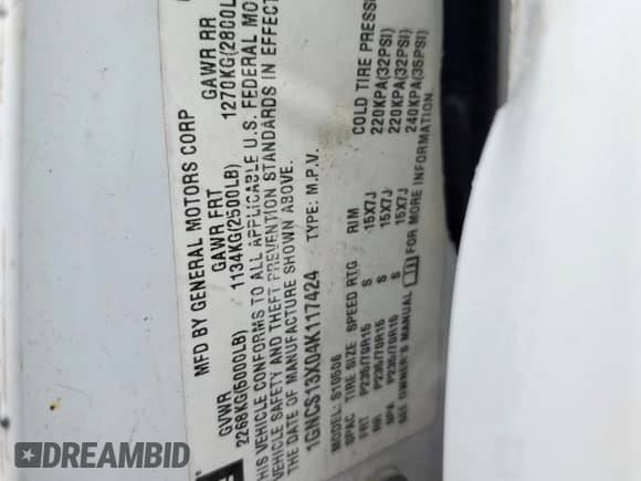 2004 Chevrolet Blazer LS with VIN 1GNCS13X04K117424, listed as a Copart auction lot 67763945 with Not provided miles and Non repairable. Bid and sale history available at DreamBid. Image 14.