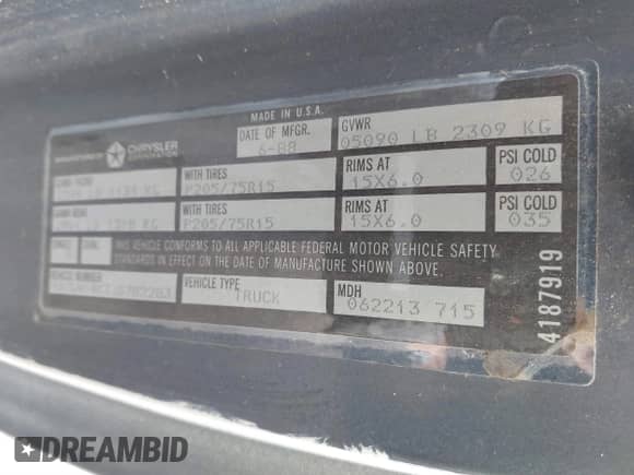 1988 Dodge Dakota with VIN 1B7GN14X7JS782283, listed as a IAAI auction lot 41717137 with 104,582 mi miles and . Bid and sale history available at DreamBid. Image 9.
