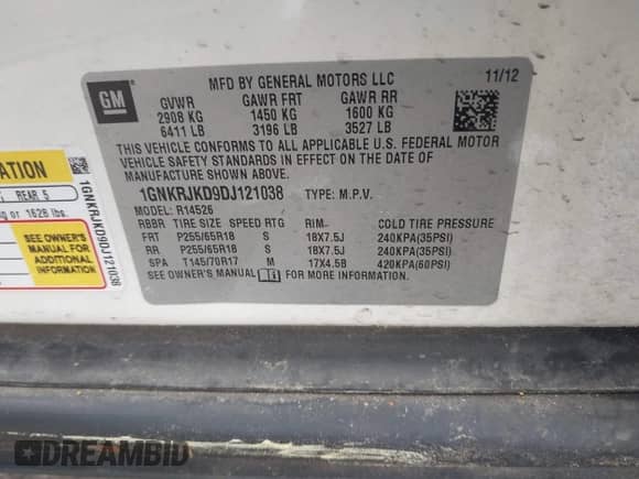 2013 Chevrolet Traverse LT с VIN 1GNKRJKD9DJ121038, выставлен на аукционе IAAI как лот 42102994 с пробегом 160 200 миль миль и . История ставок и продаж доступна на DreamBid. Изображение 9.