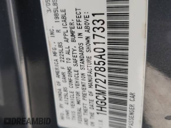 2005 Honda Accord EX with VIN 1HGCM72785A017331, listed as a Copart auction lot 70364095 with 184,478 mi miles and Clean title. Bid and sale history available at DreamBid. Image 12.