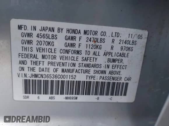 2006 Honda Accord with NAVI with VIN JHMCN36536C001152, listed as a IAAI auction lot 43444144 with 247,746 mi miles and . Bid and sale history available at DreamBid. Image 9.