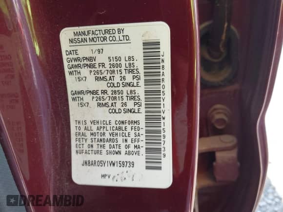 1997 Nissan Pathfinder XE with VIN JN8AR05Y1VW159739, listed as a IAAI auction lot 42836827 with 182,484 mi miles and . Bid and sale history available at DreamBid. Image 9.