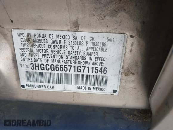 2001 Honda Accord LX с VIN 3HGCG66571G711546, выставлен на аукционе IAAI как лот 42620393 с пробегом 234 325 миль миль и . История ставок и продаж доступна на DreamBid. Изображение 9.