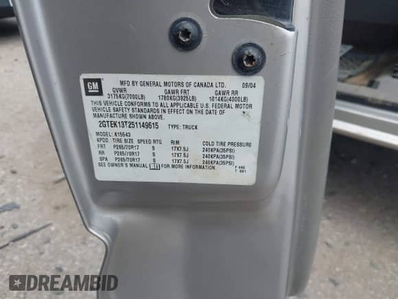2005 GMC Sierra 1500 SLE with VIN 2GTEK13T251149615, listed as a IAAI auction lot 42646721 with 155,349 mi miles and . Bid and sale history available at DreamBid. Image 9.