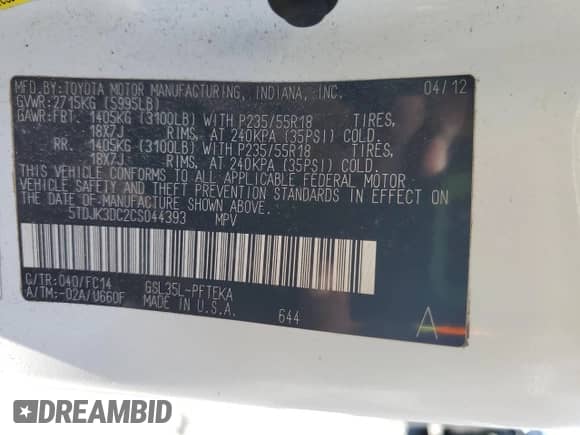 2012 Toyota Sienna LE with VIN 5TDJK3DC2CS044393, listed as a Copart auction lot 63579595 with 152,636 mi miles and Salvage title. Bid and sale history available at DreamBid. Image 13.