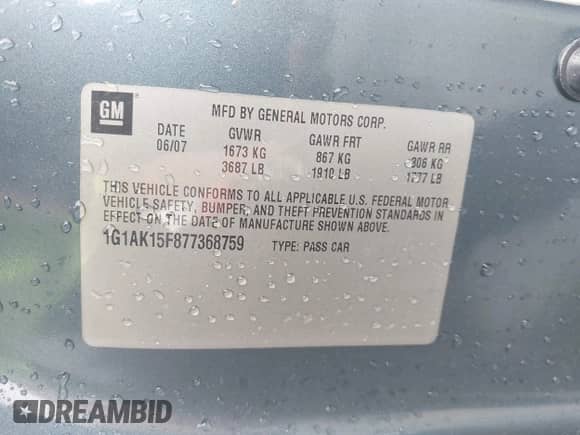 2007 Chevrolet Cobalt LS с VIN 1G1AK15F877368759, выставлен на аукционе IAAI как лот 43374584 с пробегом 182 900 миль миль и . История ставок и продаж доступна на DreamBid. Изображение 9.