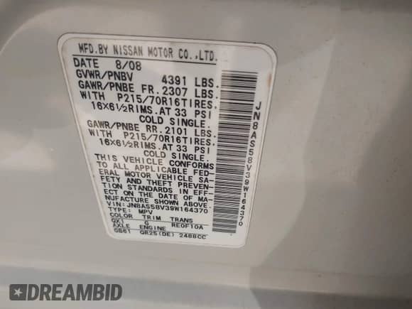 2009 Nissan Rogue S with VIN JN8AS58V39W164370, listed as a IAAI auction lot 43233955 with 176,583 mi miles and . Bid and sale history available at DreamBid. Image 9.