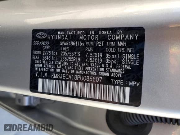 2023 Hyundai Tucson Limited с VIN KM8JECA18PU086607, выставлен на аукционе Copart как лот 84466695 с пробегом 23 122 миль миль и Списание • Salvage title. История ставок и продаж доступна на DreamBid. Изображение 13.