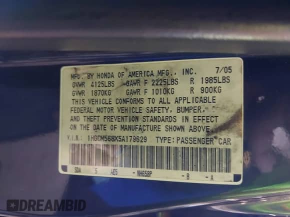 2005 Honda Accord EX-L with VIN 1HGCM568X5A179629, listed as a IAAI auction lot 42794590 with 197,452 mi miles and . Bid and sale history available at DreamBid. Image 9.
