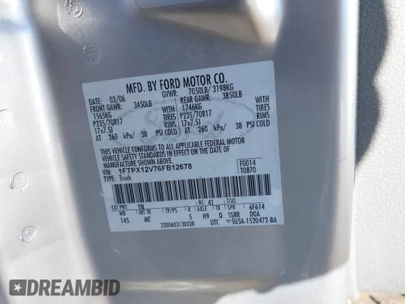 2006 Ford F-150 XL with VIN 1FTPX12V76FB12678, listed as a IAAI auction lot 43507700 with 152,312 mi miles and . Bid and sale history available at DreamBid. Image 9.