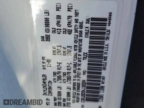 2004 Dodge RAM with VIN 1D3KU28D54J182284, listed as a Copart auction lot 89403465 with 191,070 mi miles and Salvage title. Bid and sale history available at DreamBid. Image 12.