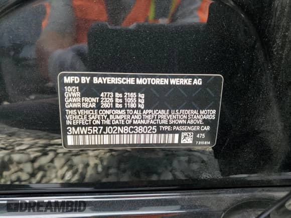 2022 BMW 3 Series 330i xDrive с VIN 3MW5R7J02N8C38025, выставлен на аукционе Copart как лот 68498035 с пробегом Не указан миль и Списание • Salvage title. История ставок и продаж доступна на DreamBid. Изображение 13.