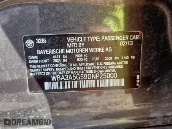 2013 BMW 3 Series 328i с VIN WBA3A5G59DNP25000, выставлен на аукционе Copart как лот 82356425 с пробегом 184 498 миль миль и Списание • Salvage title. История ставок и продаж доступна на DreamBid. Изображение 12.