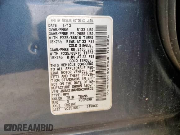 2013 Nissan Murano LE с VIN JN8AZ1MU6DW209635, выставлен на аукционе Copart как лот 59026965 с пробегом 148 030 миль миль и Чистый • Clean title. История ставок и продаж доступна на DreamBid. Изображение 14.