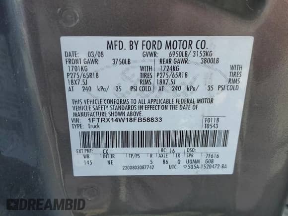 2008 Ford F-150 STX с VIN 1FTRX14W18FB58833, выставлен на аукционе Copart как лот 85161675 с пробегом 129 725 миль миль и Списание • Salvage title. История ставок и продаж доступна на DreamBid. Изображение 12.
