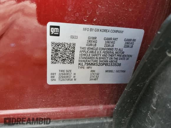 2023 Chevrolet TrailBlazer LS с VIN KL79MMS20PB153538, выставлен на аукционе Copart как лот 59737055 с пробегом 31 685 миль миль и Списание • Salvage title. История ставок и продаж доступна на DreamBid. Изображение 12.