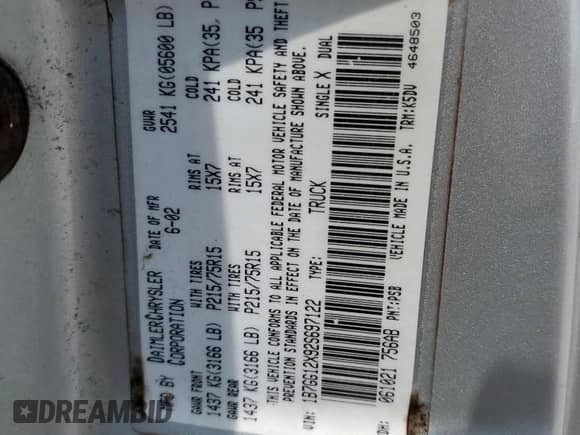 2002 Dodge Dakota z VIN 1B7GG12X92S697122, wystawiony jako Copart lot #56000975 z przebiegiem 151 012 mil mil oraz Szkoda całkowita • Salvage title. Historia ofert i sprzedaży dostępna na DreamBid. Obrazek 12.