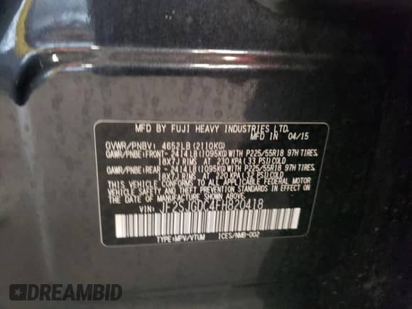 2015 Subaru Forester XT Premium with VIN JF2SJGDC4FH820418, listed as a Copart auction lot 65555425 with 112,791 mi miles and Salvage title. Bid and sale history available at DreamBid. Image 14.