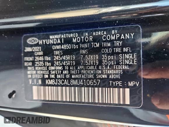 2021 Hyundai Tucson Sport with VIN KM8J3CAL8MU410657, listed as a Copart auction lot 70251105 with 36,373 mi miles and Clean title. Bid and sale history available at DreamBid. Image 13.