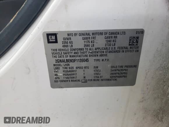 2015 Chevrolet Equinox LT z VIN 2GNALBEK5F1139045, wystawiony jako Copart lot #83868485 z przebiegiem Nie podano mil oraz Szkoda całkowita • Salvage title. Historia ofert i sprzedaży dostępna na DreamBid. Obrazek 14.