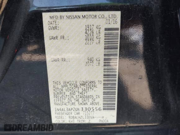 2016 Nissan Altima S with VIN 1N4AL3AP2GN330556, listed as a IAAI auction lot 43318687 with 150,083 mi miles and . Bid and sale history available at DreamBid. Image 9.