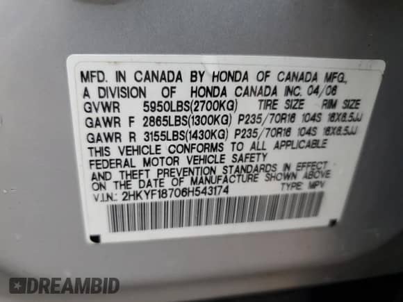 2006 Honda Pilot EX-L with VIN 2HKYF18706H543174, listed as a Copart auction lot 83982065 with 197,216 mi miles and Salvage title. Bid and sale history available at DreamBid. Image 13.