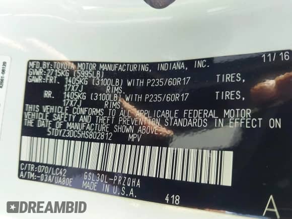 2017 Toyota Sienna XLE z VIN 5TDYZ3DC5HS802812, wystawiony jako IAAI lot #43519483 z przebiegiem Nie podano mil oraz . Historia ofert i sprzedaży dostępna na DreamBid. Obrazek 9.