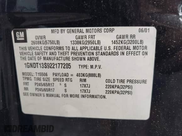 2002 Chevrolet TrailBlazer LTZ z VIN 1GNDT13S922177205, wystawiony jako IAAI lot #42251403 z przebiegiem 182 607 mil mil oraz . Historia ofert i sprzedaży dostępna na DreamBid. Obrazek 9.