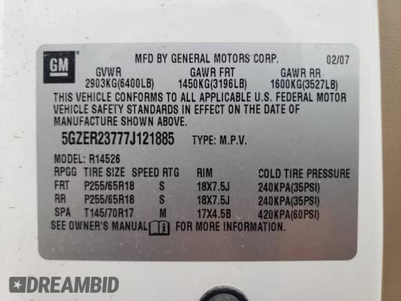 2007 Saturn Outlook XR with VIN 5GZER23777J121885, listed as a Copart auction lot 58338945 with 205,946 mi miles and Salvage title. Bid and sale history available at DreamBid. Image 12.