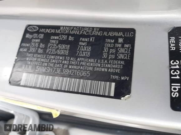 2008 Hyundai Santa Fe SE с VIN 5NMSH73E38H216065, выставлен на аукционе IAAI как лот 42982684 с пробегом 139 673 миль миль и . История ставок и продаж доступна на DreamBid. Изображение 9.